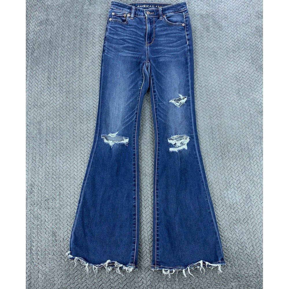 American Eagle Jeans Womens 0 Blue Super High Rise Flare Stretch Distressed Boho